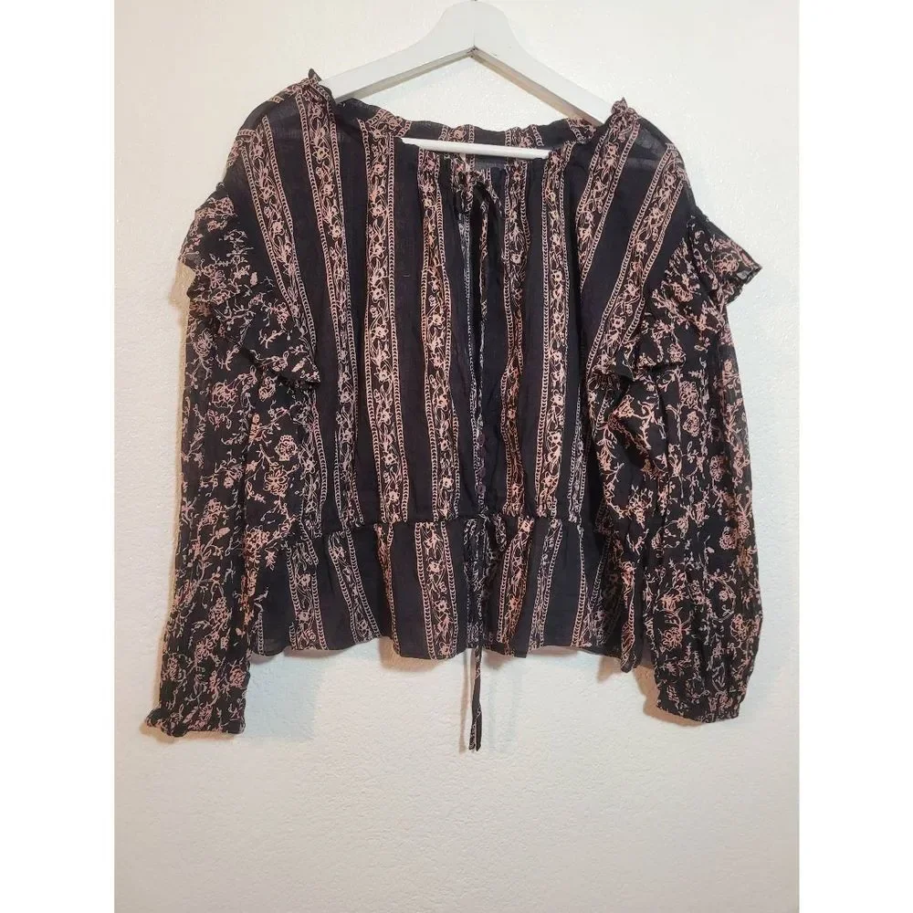 Free People Floral Peplum Blouse Ruffled Sleeves Size XS TP Black Tan - Picture 1 of 5